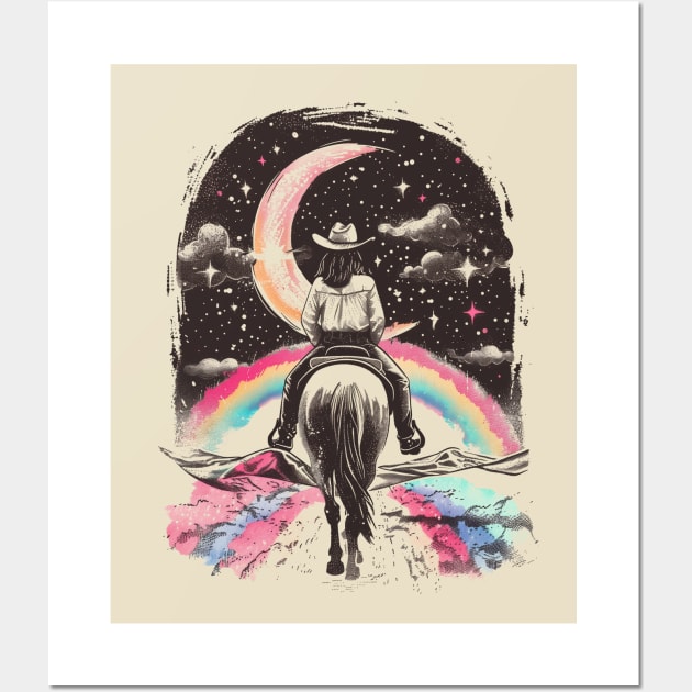 Moonlit Equestrian Dreams: Mystical Horseback Rider Under Starry Crescent Moon Art Wall Art by TeeTrendz